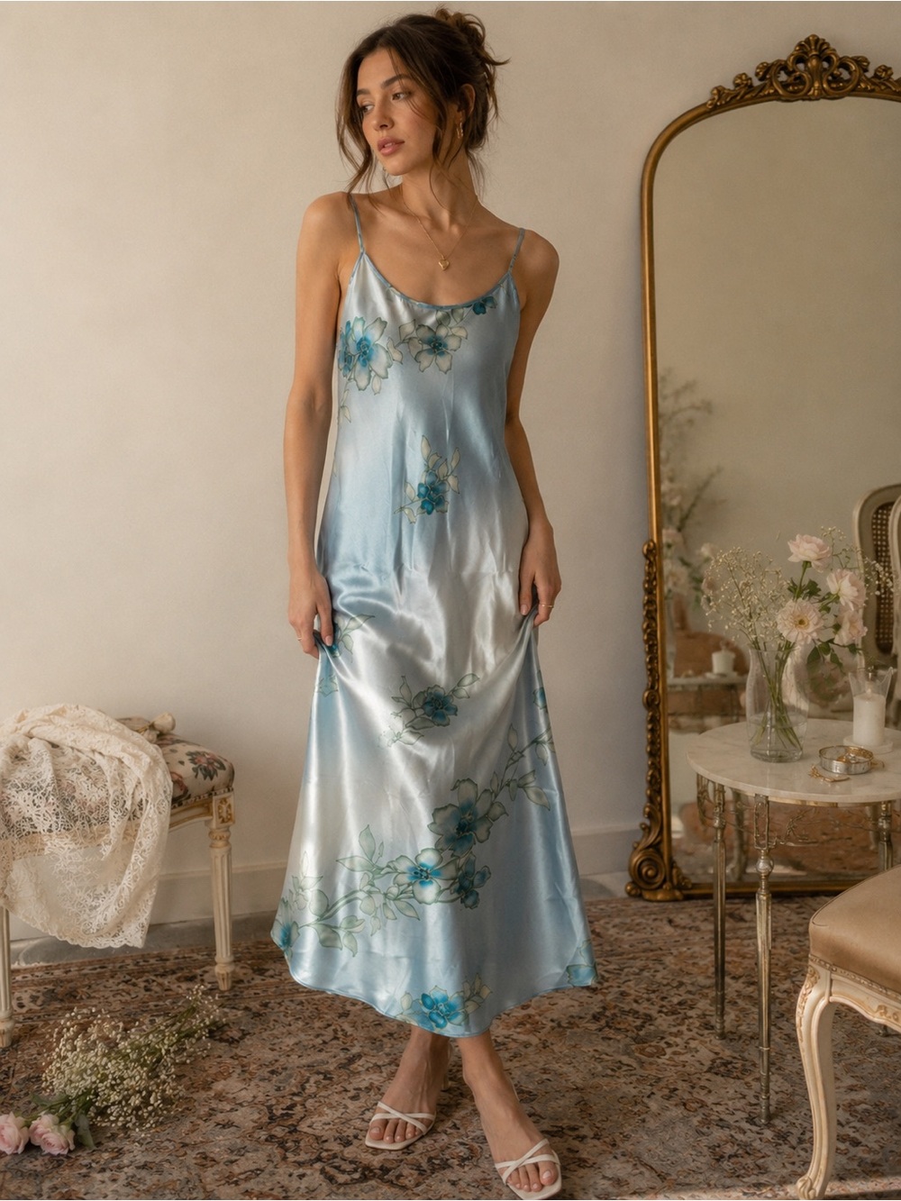 Vintage Inner Most Aqua Satin Floral Slip Dress Strappy Y2K Lingerie Nightgown M